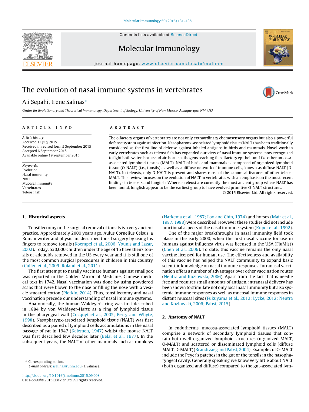 The Evolution of Nasal Immune Systems in Vertebrates