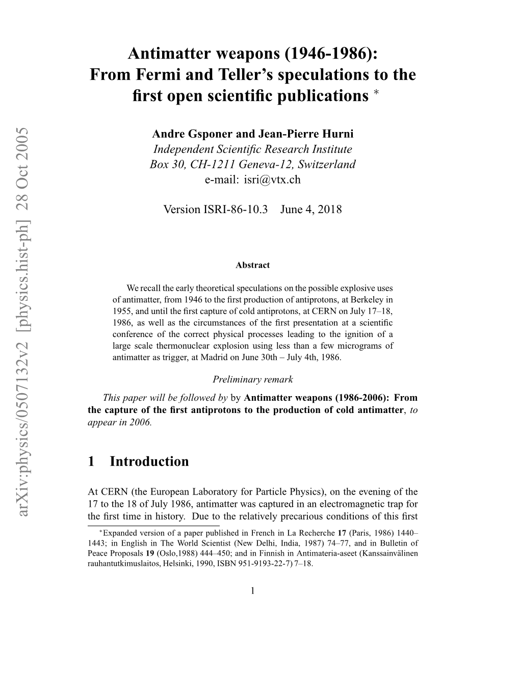 Antimatter Weapons (1946-1986): from Fermi and Teller's