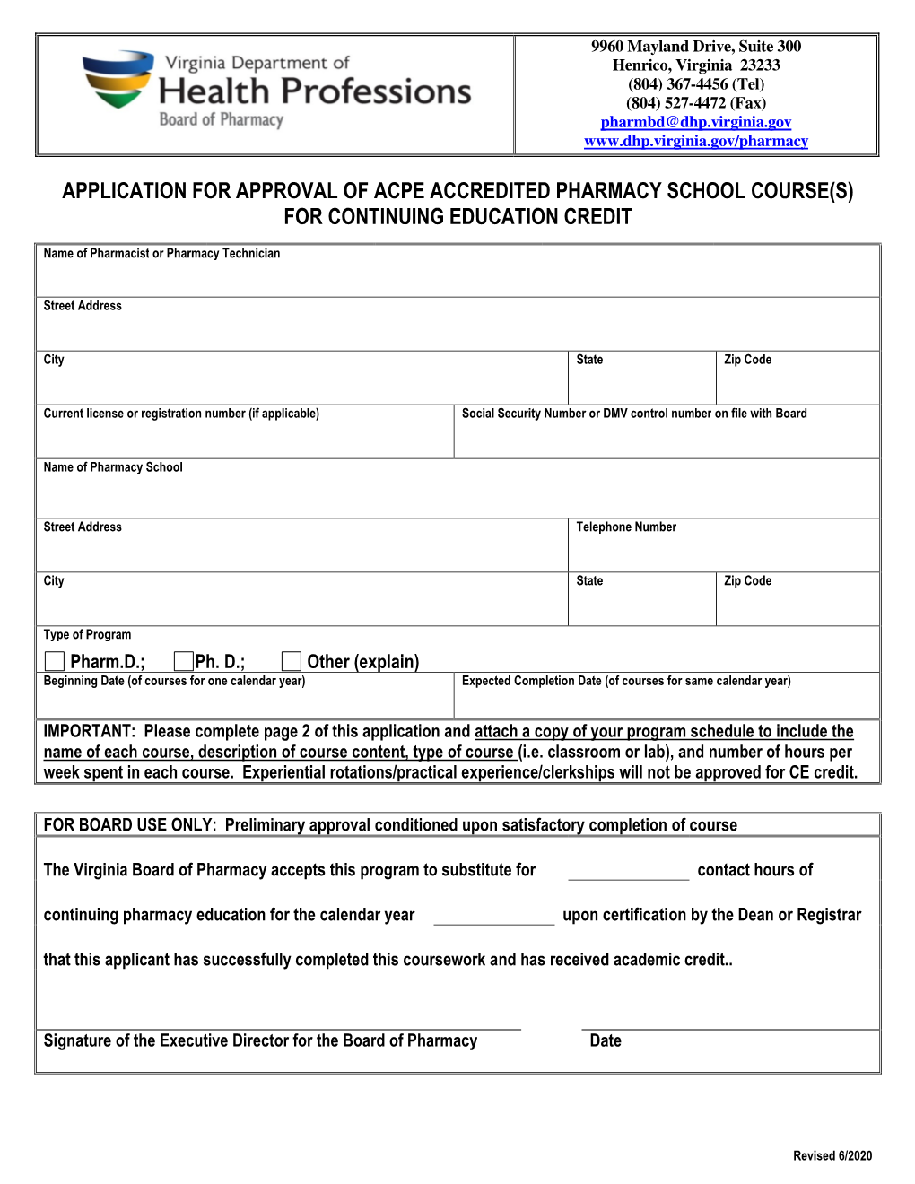 Application for Approval of ACPE Pharmacy School Course(S)