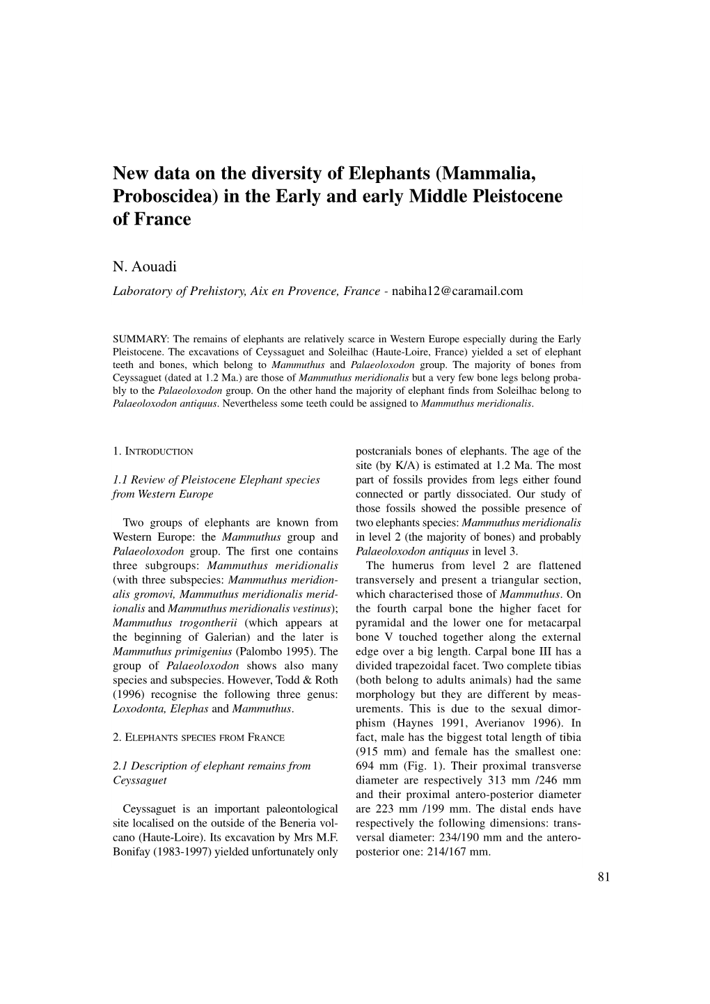 New Data on the Diversity of Elephants (Mammalia, Proboscidea) in the Early and Early Middle Pleistocene of France