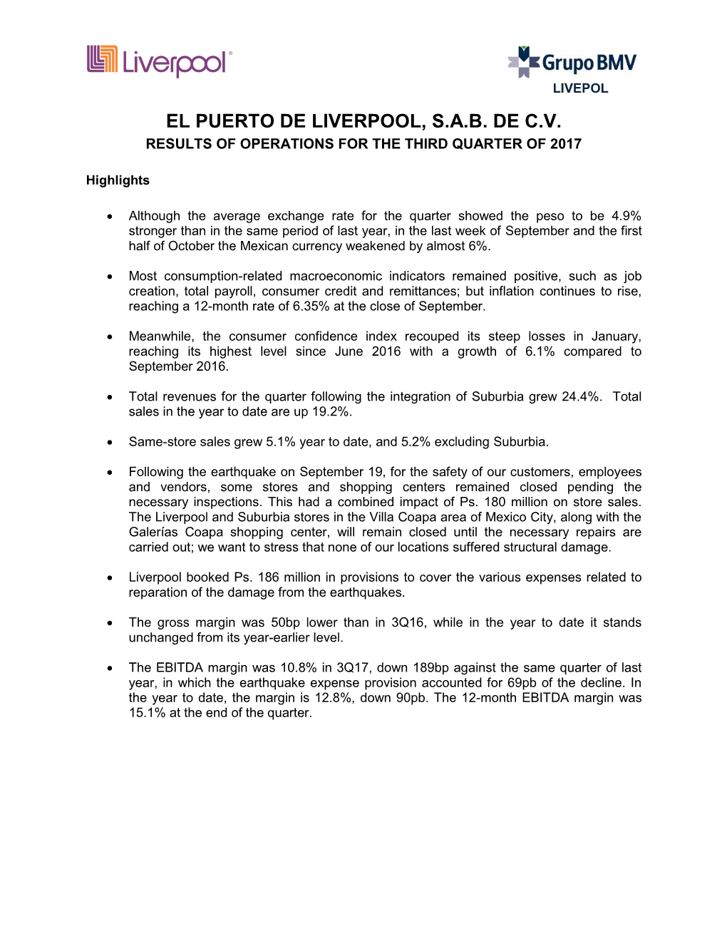 El Puerto De Liverpool, S.A.B. De C.V. Results of Operations for the Third Quarter of 2017