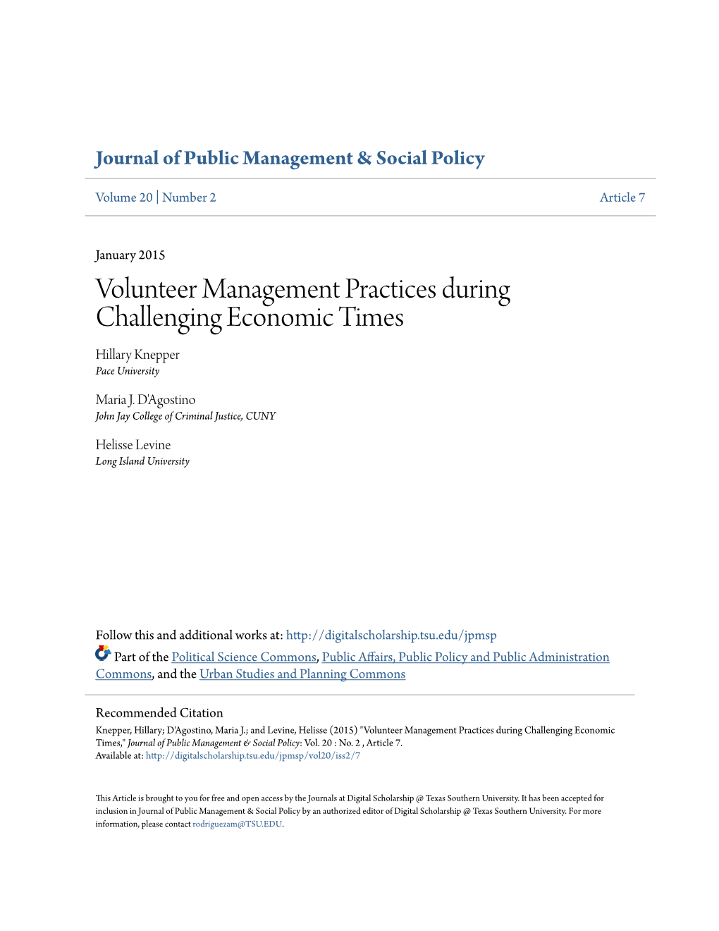 Volunteer Management Practices During Challenging Economic Times Hillary Knepper Pace University