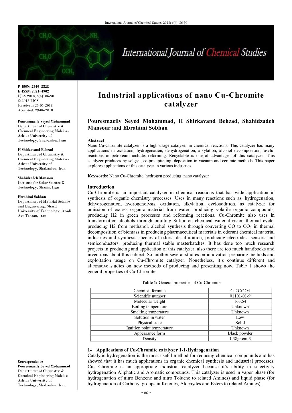 Industrial Applications of Nano Cu-Chromite Catalyzer