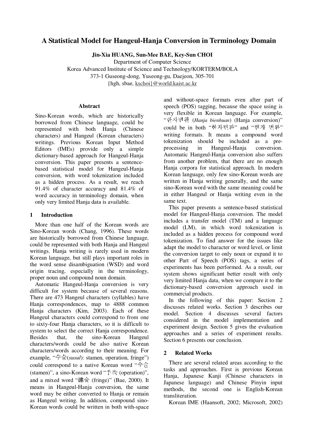 A Statistical Model for Hangeul-Hanja Conversion in Terminology Domain