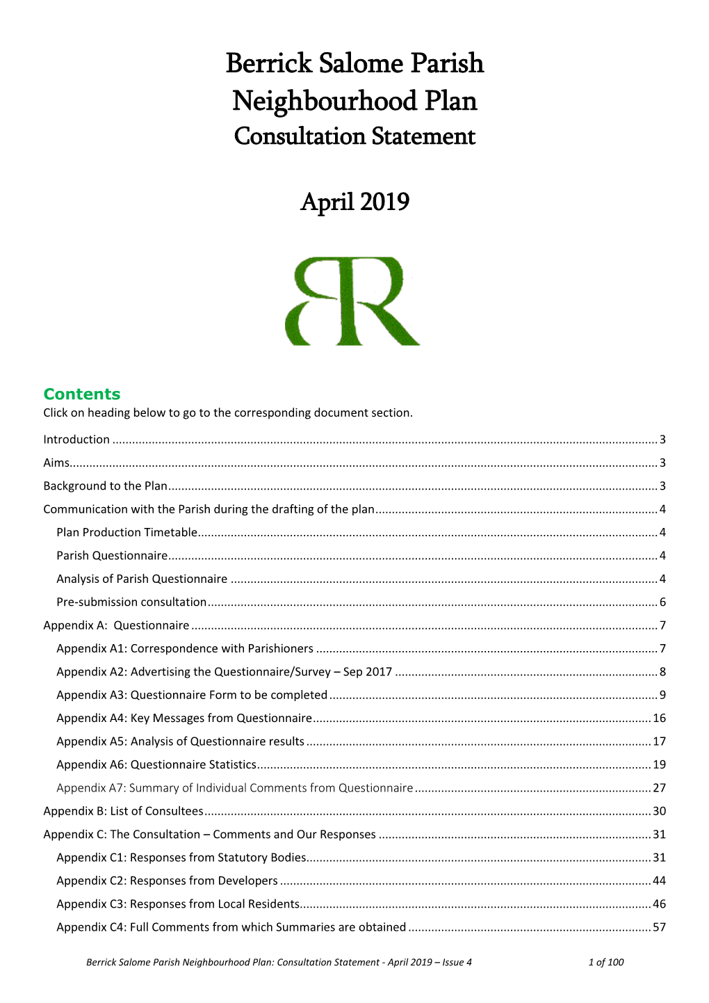 Berrick Salome Parish Neighbourhood Plan Consultation Statement