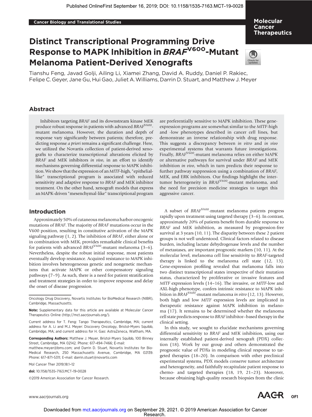 Distinct Transcriptional Programming Drive Response to MAPK Inhibition in BRAF -Mutant Melanoma Patient-Derived Xenografts