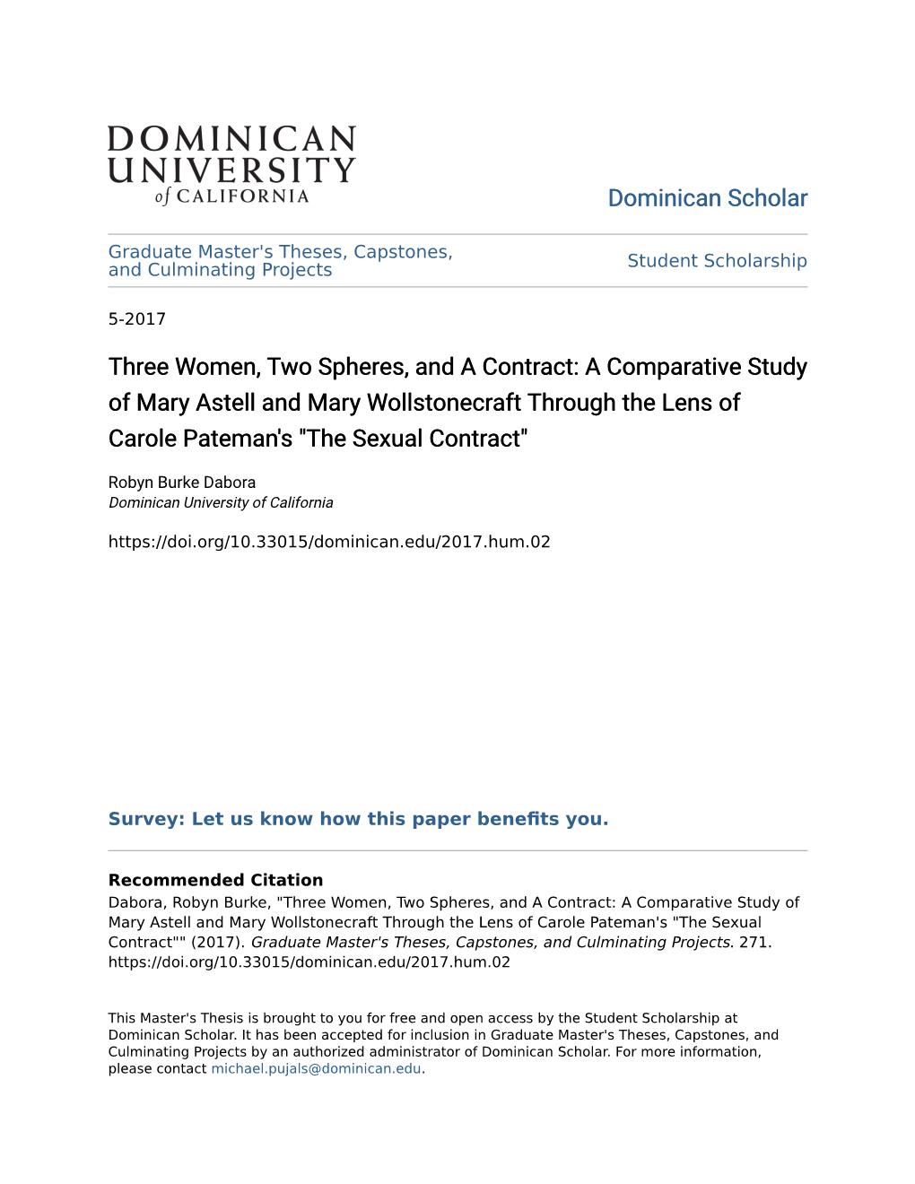 Three Women, Two Spheres, and a Contract: a Comparative Study of Mary Astell and Mary Wollstonecraft Through the Lens of Carole Pateman's 