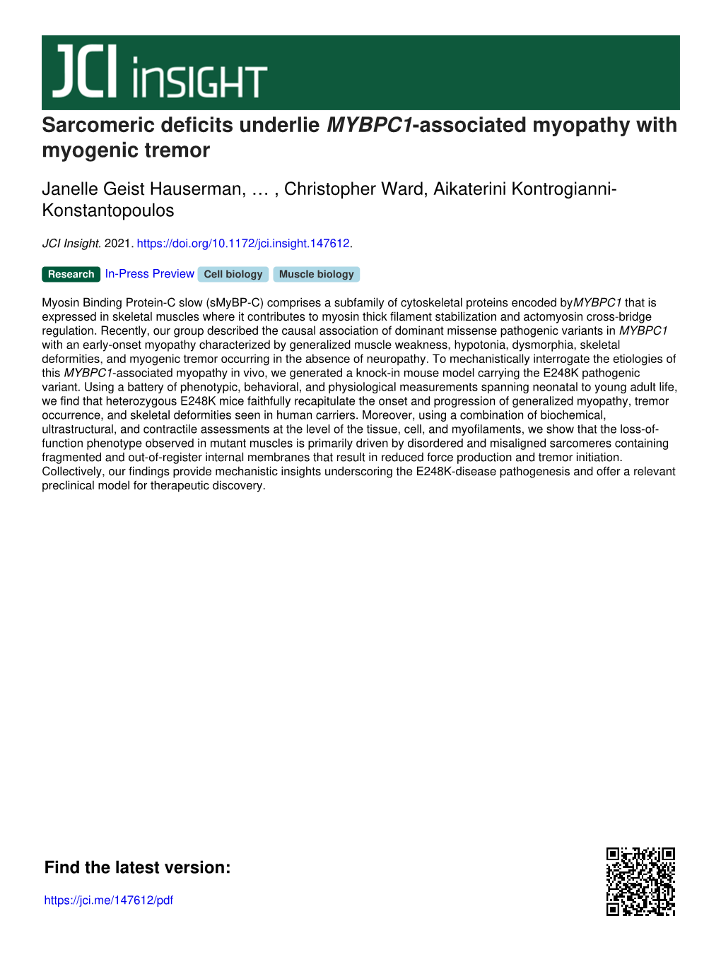 Sarcomeric Deficits Underlie MYBPC1-Associated Myopathy with Myogenic Tremor