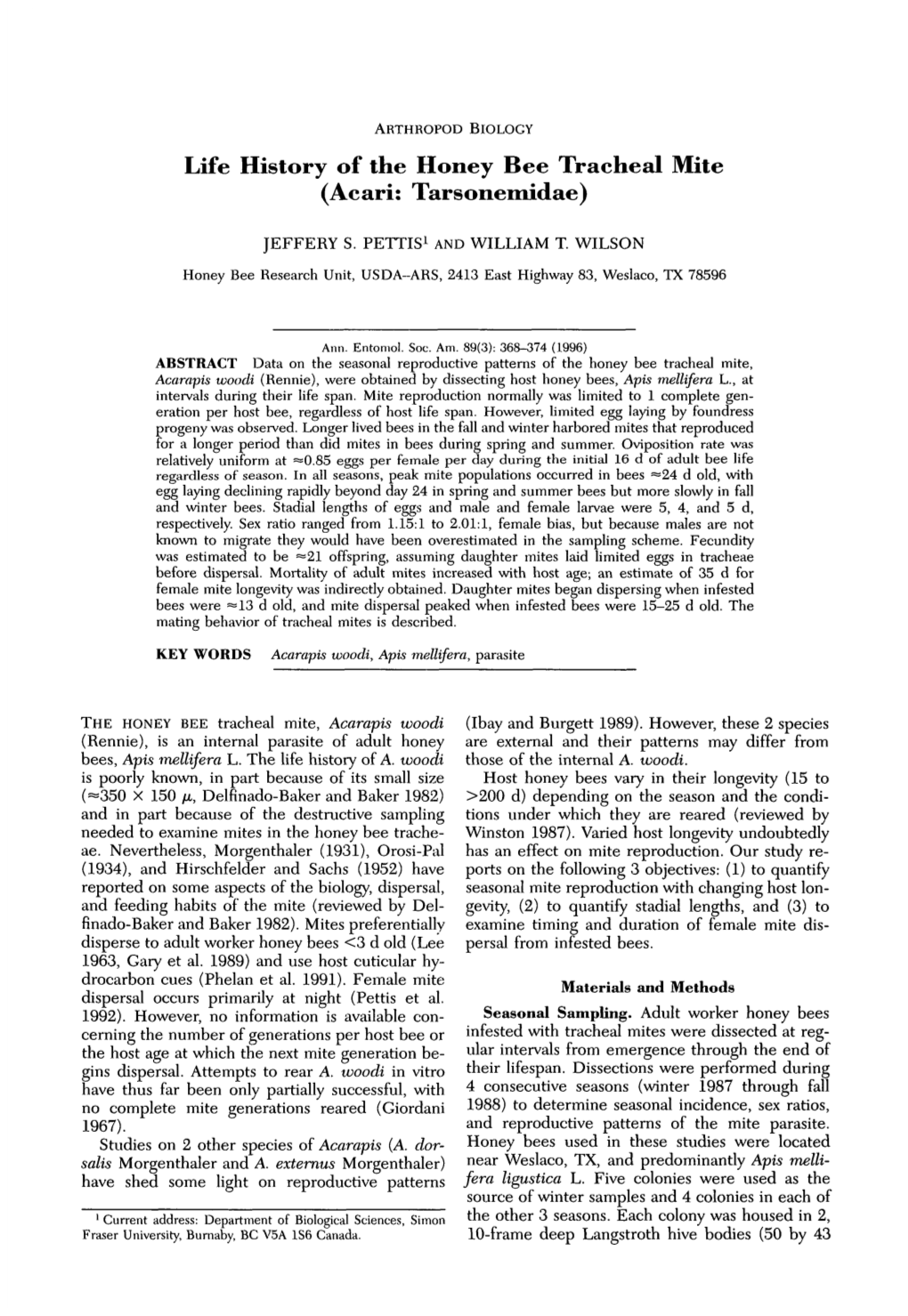 Life History of the Honey Bee Tracheal Mite (Acari: Tarsonemidae)