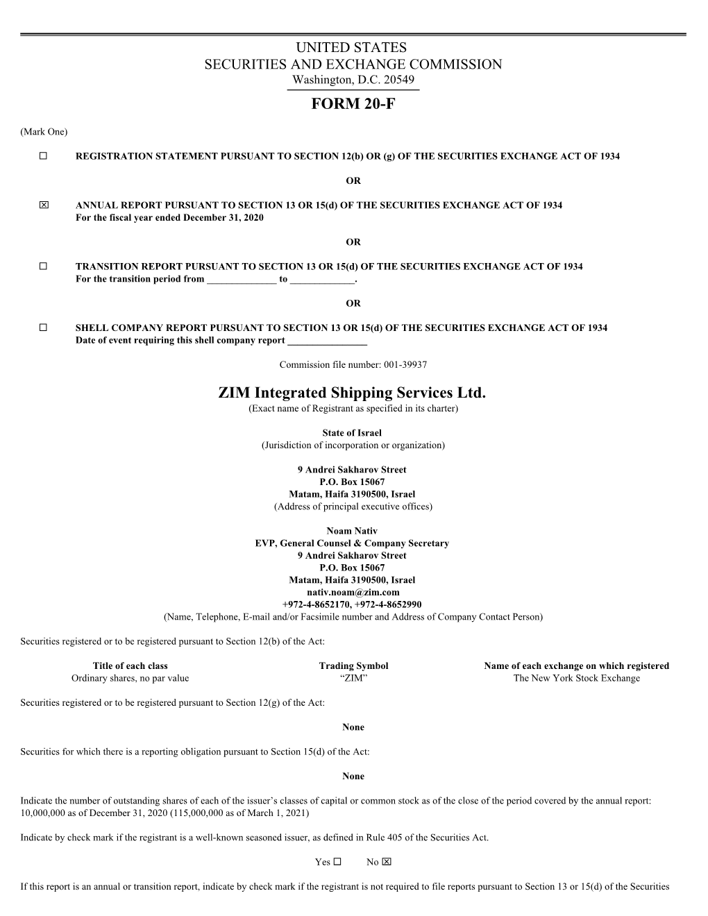 FORM 20-F ZIM Integrated Shipping Services Ltd