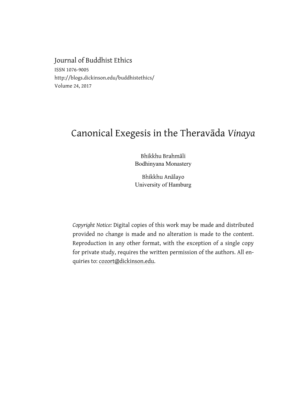 Canonical Exegesis in the Theravāda Vinaya