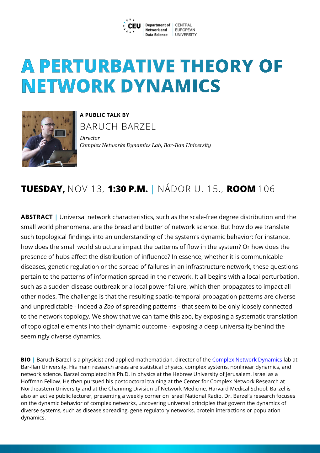 Baruch Barzel Tuesday, Nov 13, 1:30 P.M. | Nádor U. 15., Room