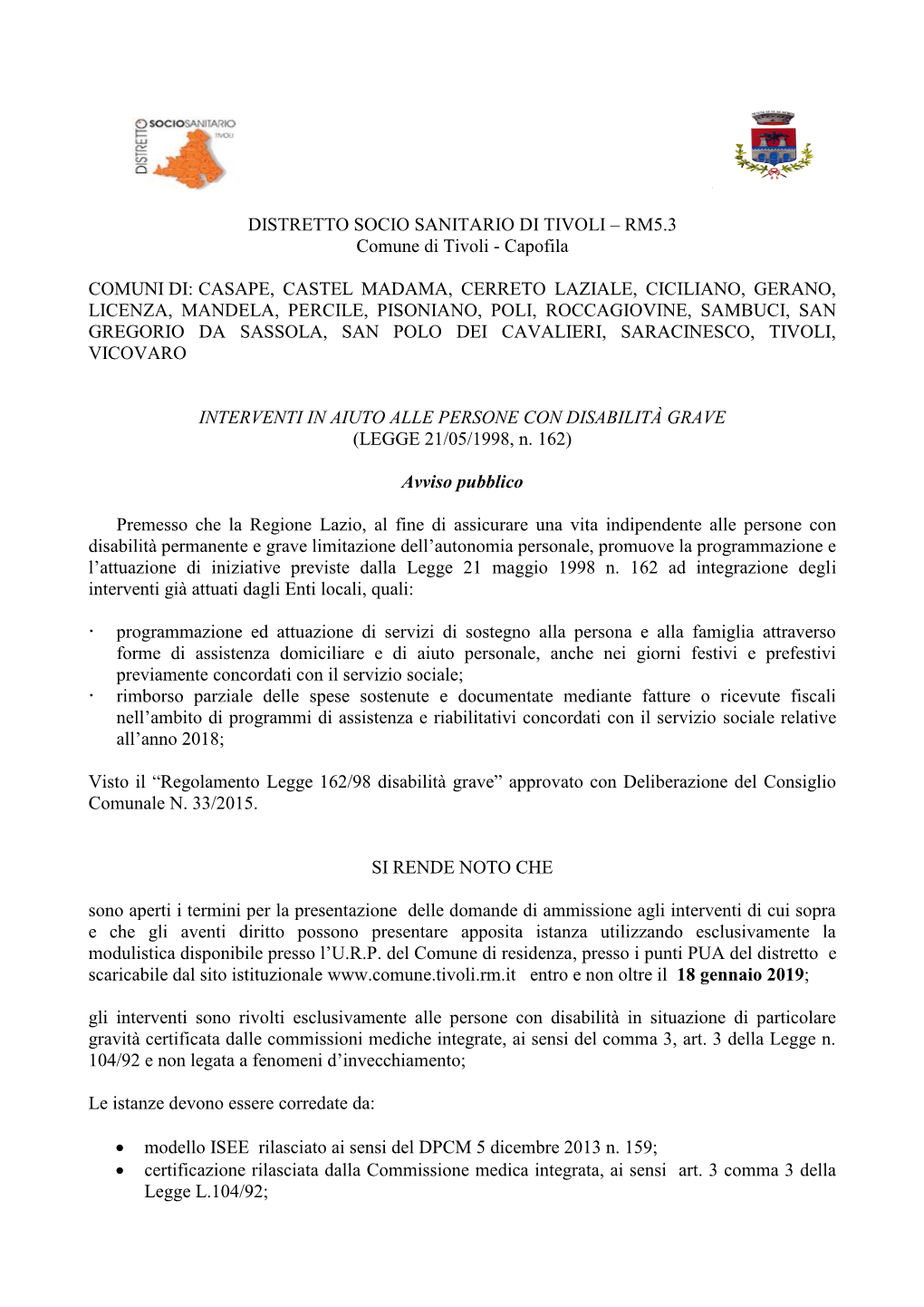 DISTRETTO SOCIO SANITARIO DI TIVOLI – RM5.3 Comune Di Tivoli - Capofila