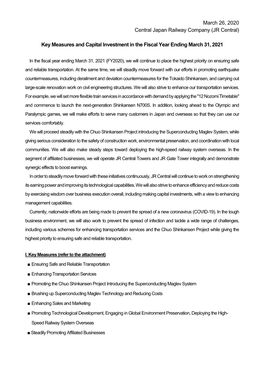 Key Measures and Capital Investment in the Fiscal Year Ending March 31, 2021