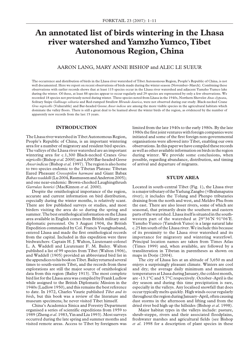 An Annotated List of Birds Wintering in the Lhasa River Watershed and Yamzho Yumco, Tibet Autonomous Region, China