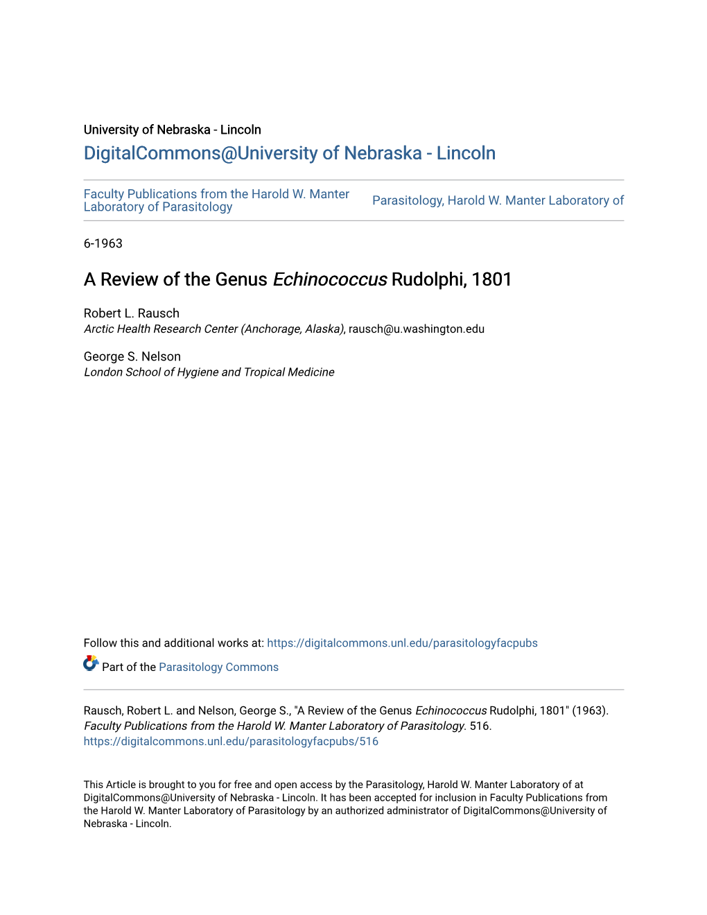 A Review of the Genus Echinococcus Rudolphi, 1801