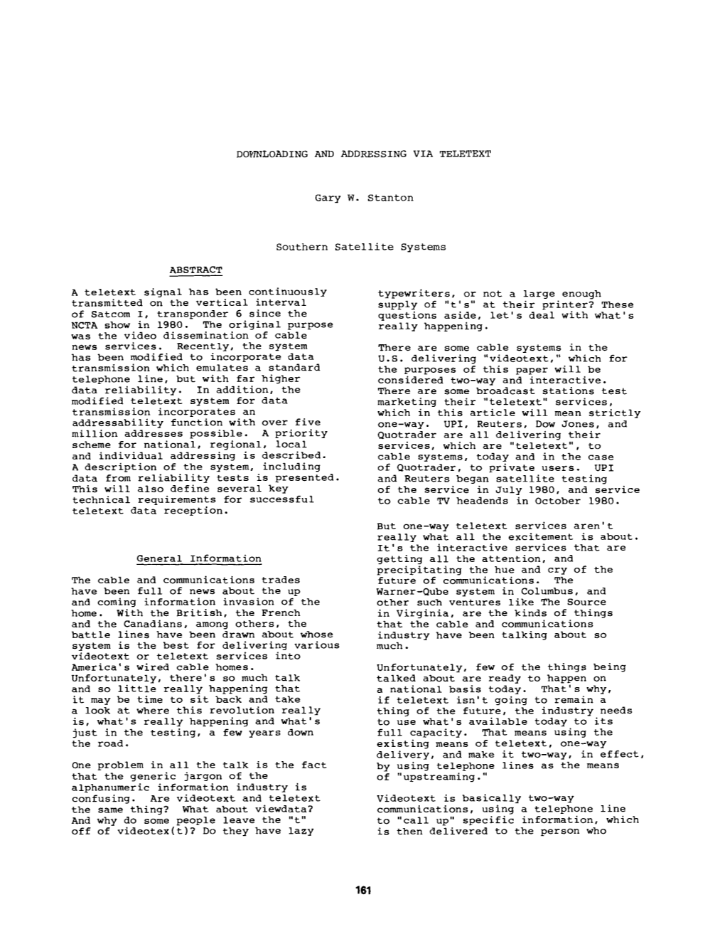 DO~Ffiloading and ADDRESSING VIA TELETEXT Gary W. Stanton