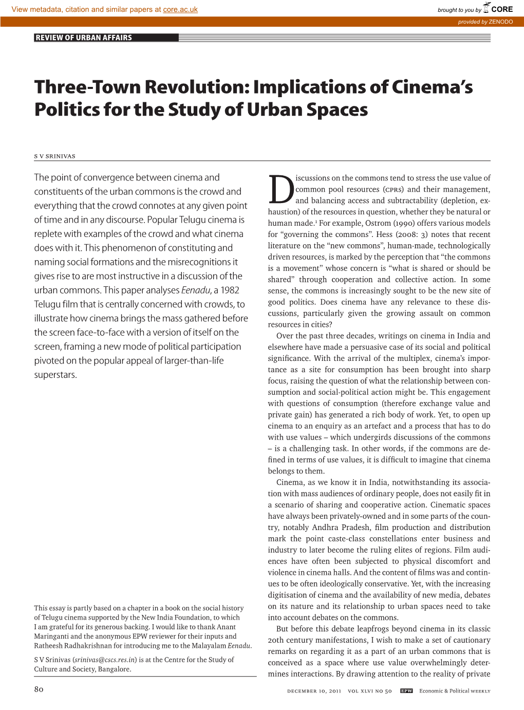 Implications of Cinema's Politics for the Study of Urban Spaces