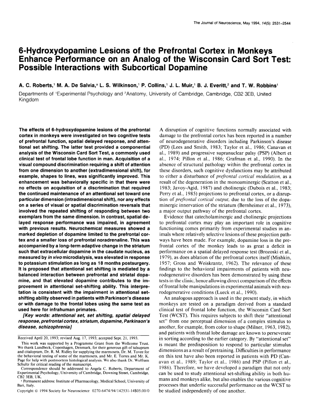 6-Hydroxydopamine Lesions of The