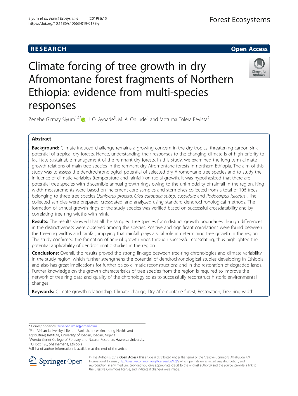 Climate Forcing of Tree Growth in Dry Afromontane Forest Fragments of Northern Ethiopia: Evidence from Multi-Species Responses Zenebe Girmay Siyum1,2* , J