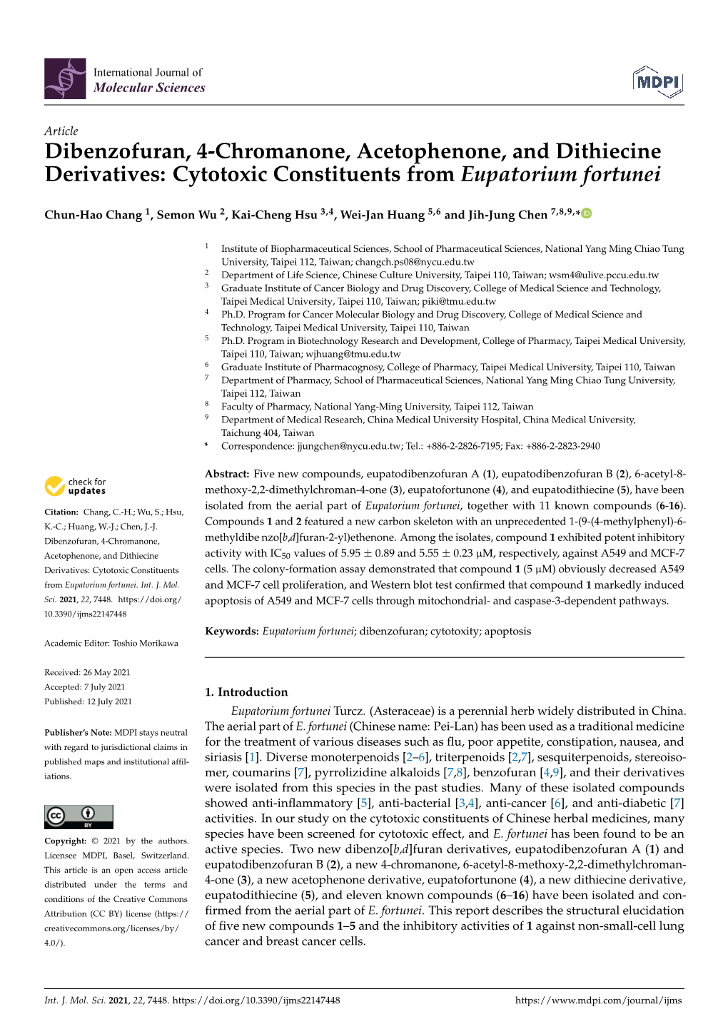 Dibenzofuran, 4-Chromanone, Acetophenone, and Dithiecine Derivatives: Cytotoxic Constituents from Eupatorium Fortunei