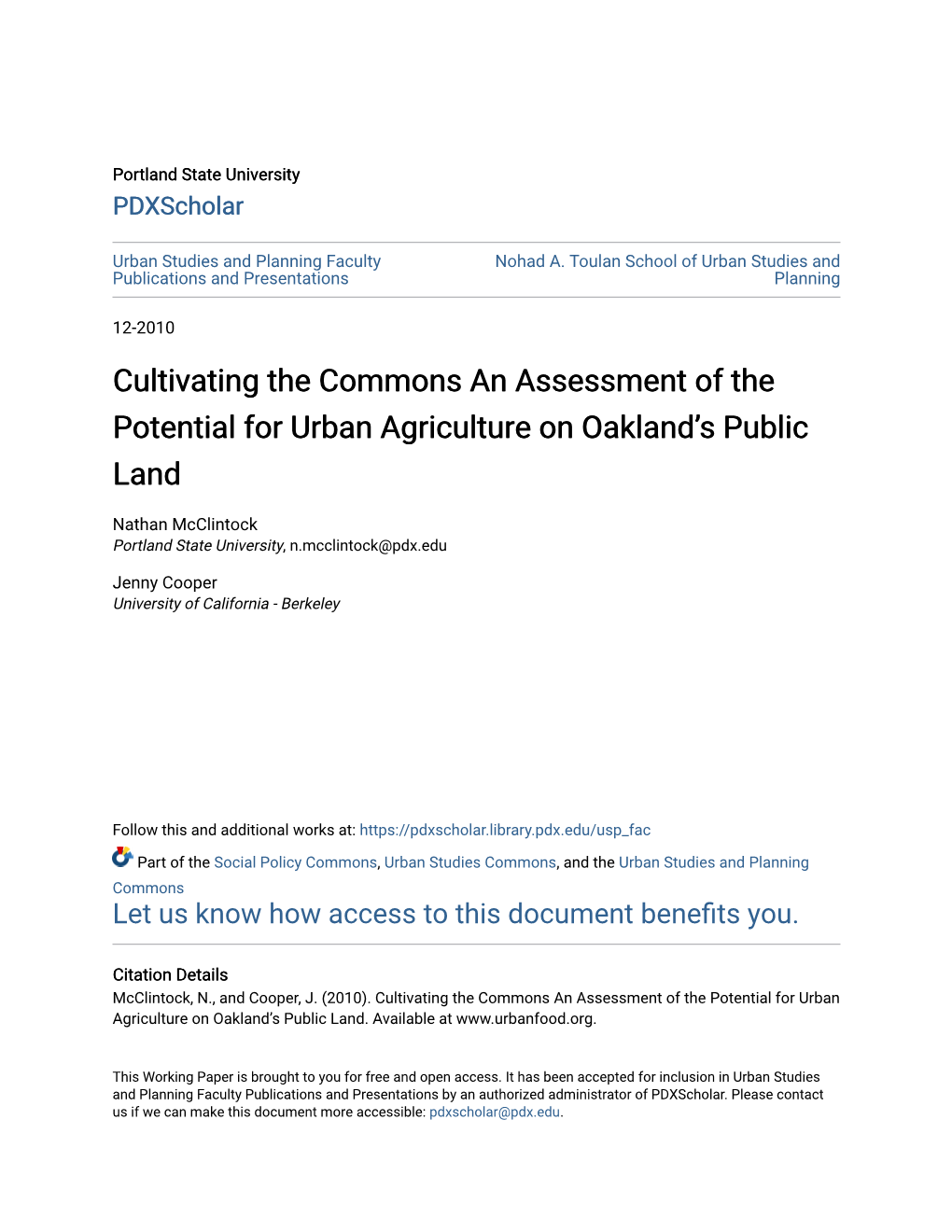 Cultivating the Commons an Assessment of the Potential for Urban Agriculture on Oakland's Public Land