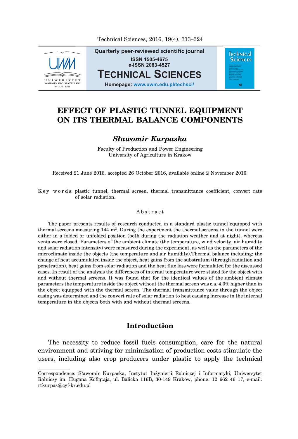 Effect of Plastic Tunnel Equipment on Its Thermal Balance Components