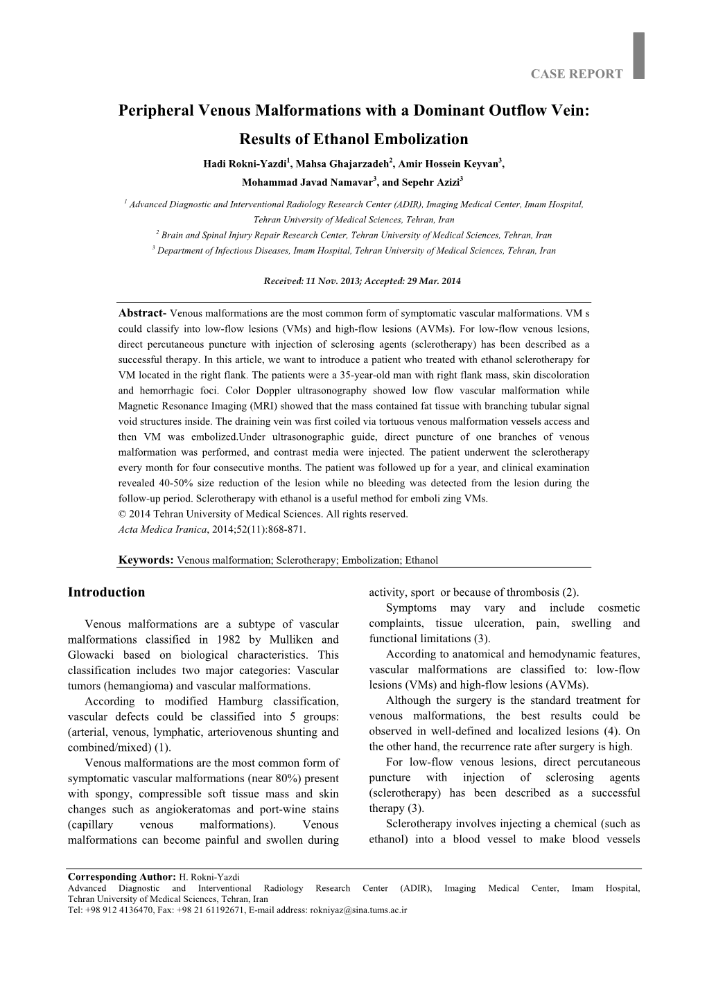 Peripheral Venous Malformations with a Dominant Outflow Vein: Results of Ethanol Embolization