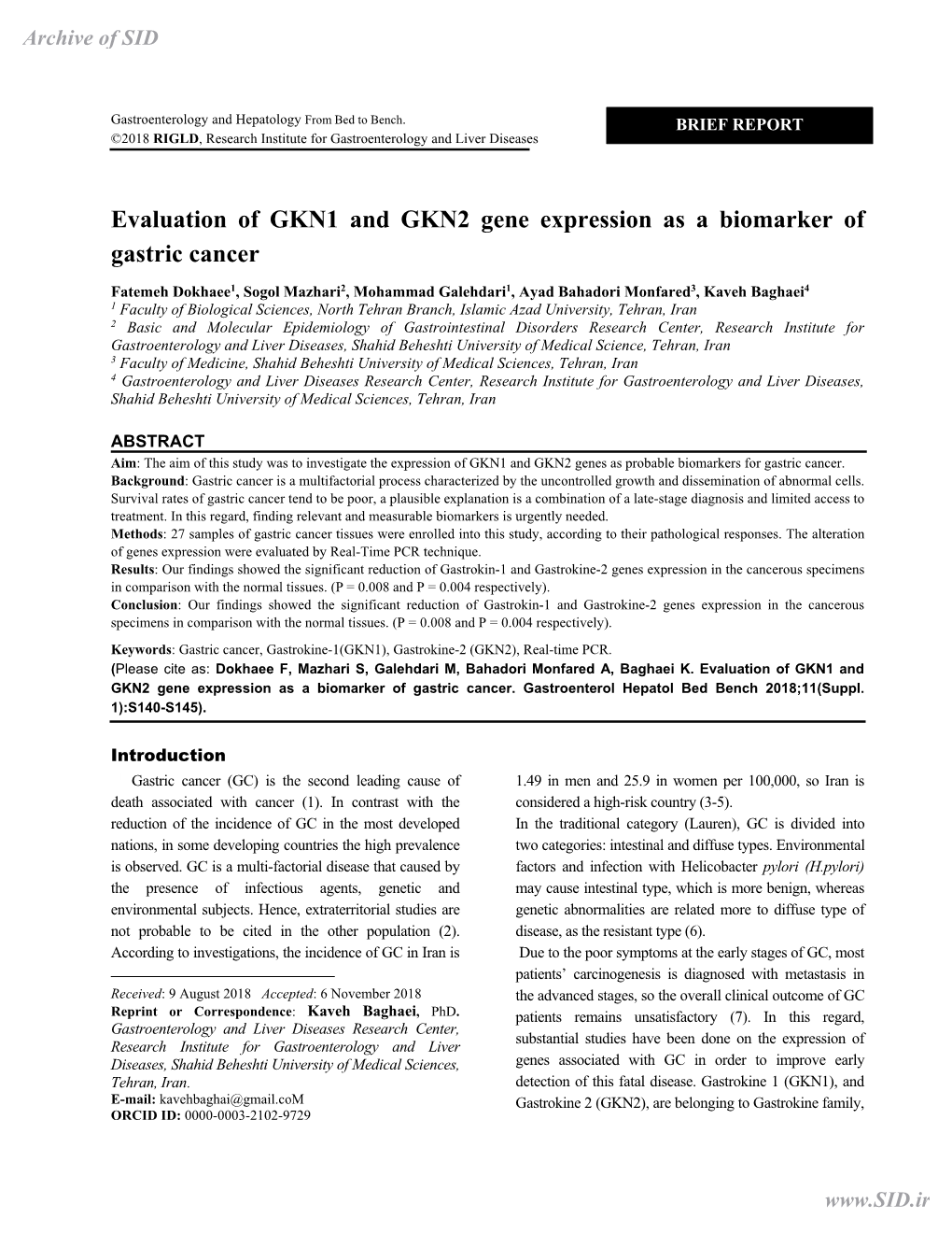 Evaluation of GKN1 and GKN2 Gene Expression As a Biomarker of Gastric Cancer