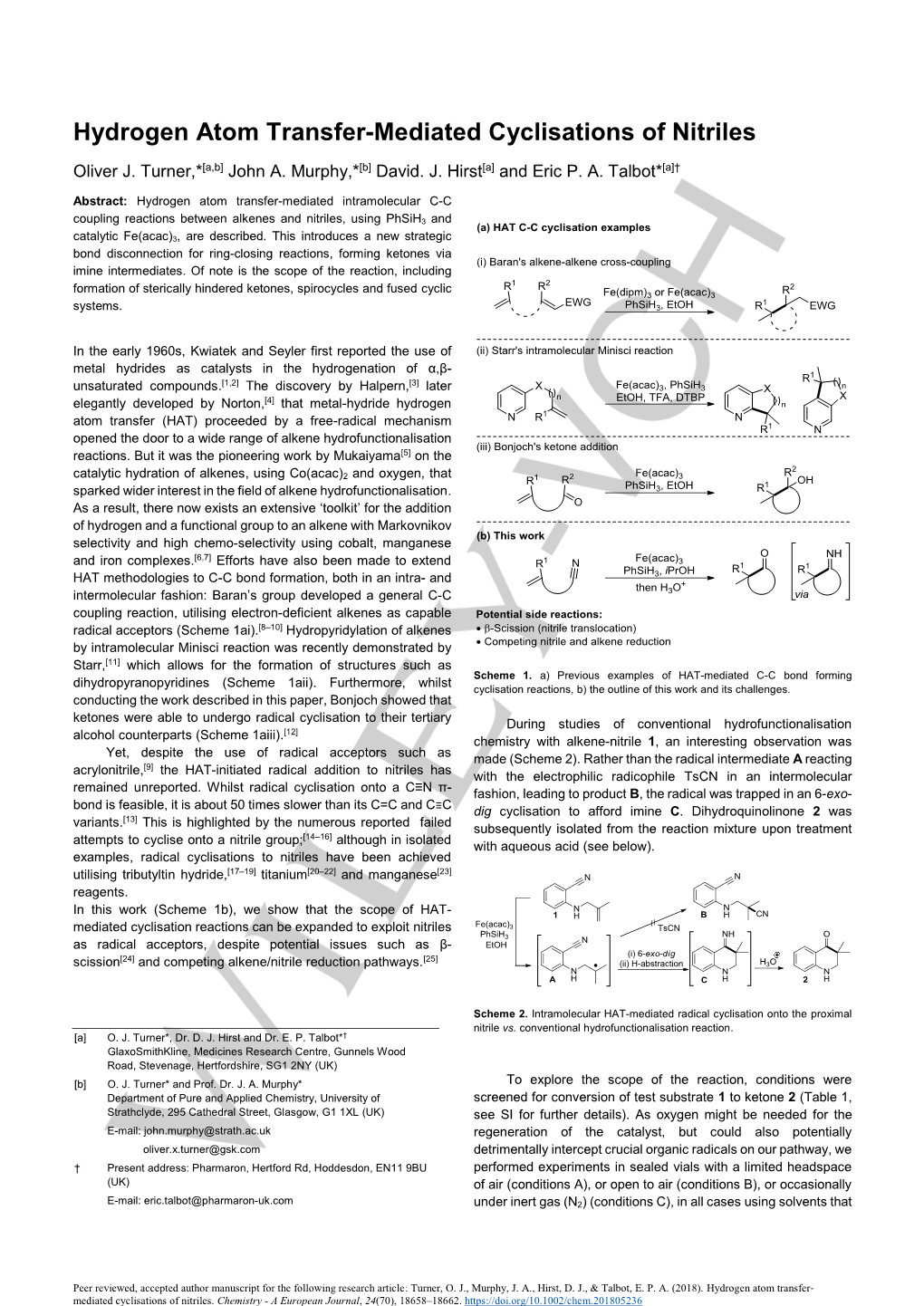 Hydrogen Atom Transfer-Mediated Cyclisations of Nitriles