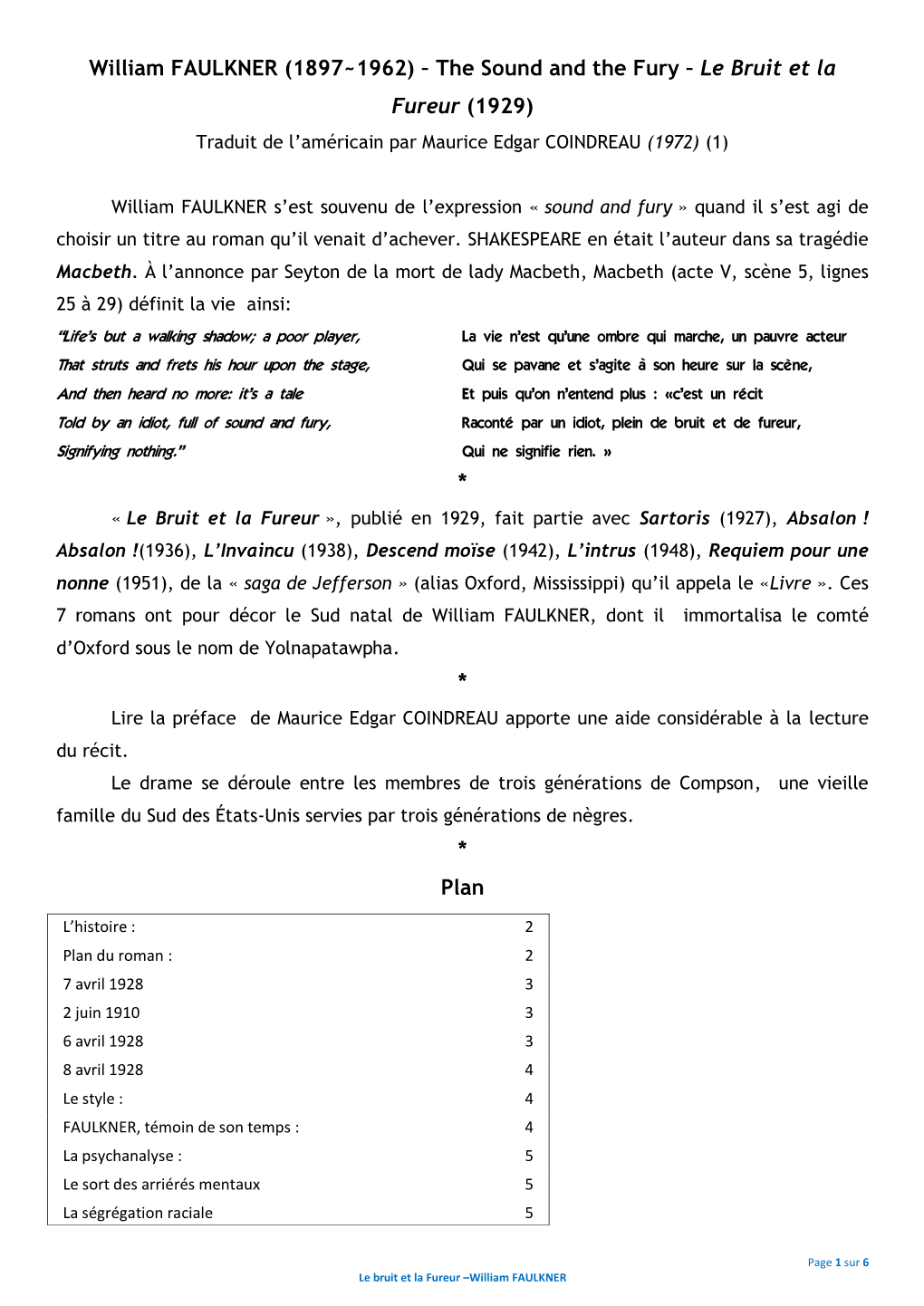 1897~1962) – the Sound and the Fury – Le Bruit Et La Fureur (1929) Traduit De L’Américain Par Maurice Edgar COINDREAU (1972) (1