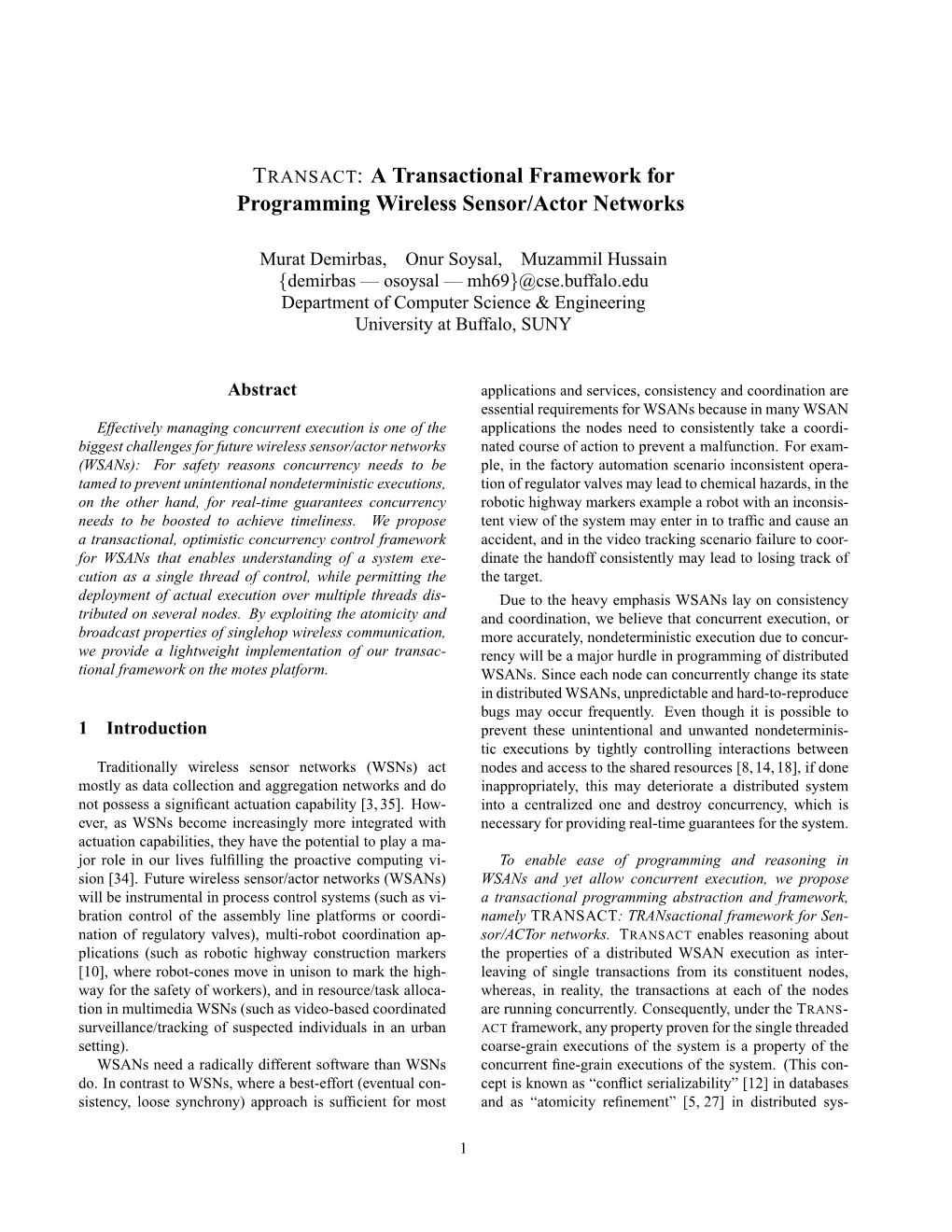 A Transactional Framework for Programming Wireless Sensor/Actor Networks