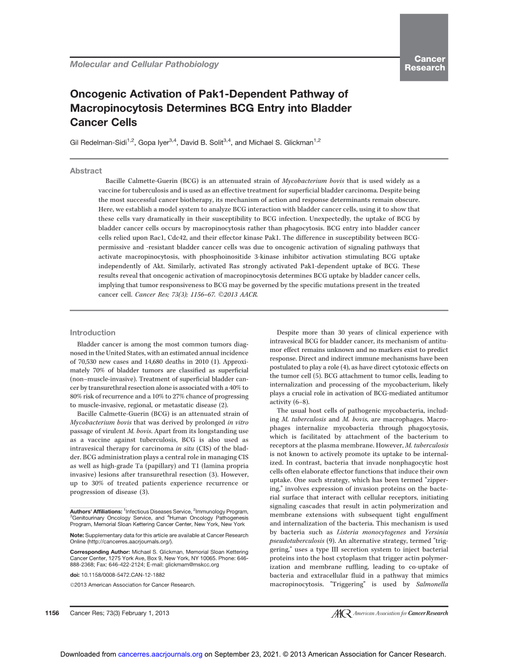 Oncogenic Activation of Pak1-Dependent Pathway of Macropinocytosis Determines BCG Entry Into Bladder Cancer Cells