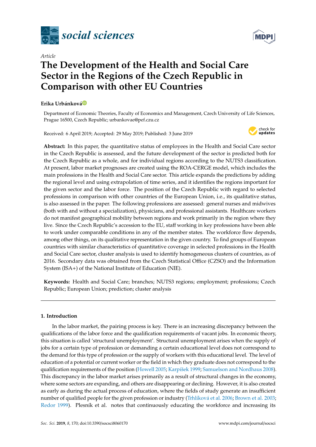 The Development of the Health and Social Care Sector in the Regions of the Czech Republic in Comparison with Other EU Countries