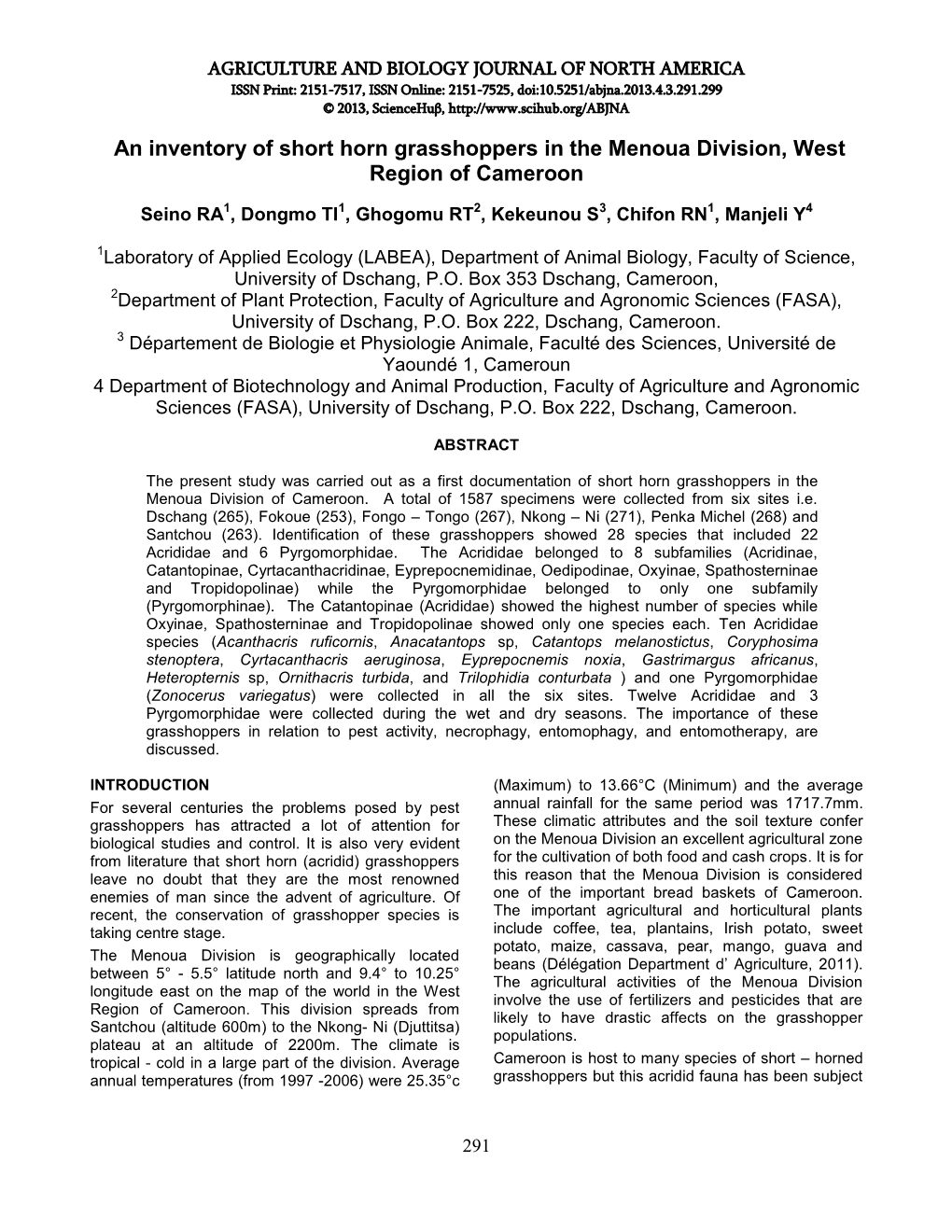 An Inventory of Short Horn Grasshoppers in the Menoua Division, West Region of Cameroon