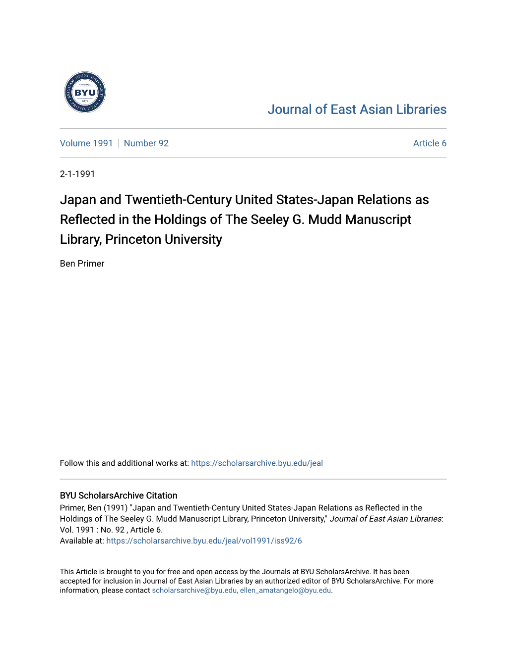 Japan and Twentieth-Century United States-Japan Relations As Reflected in the Holdings of the Seeley G