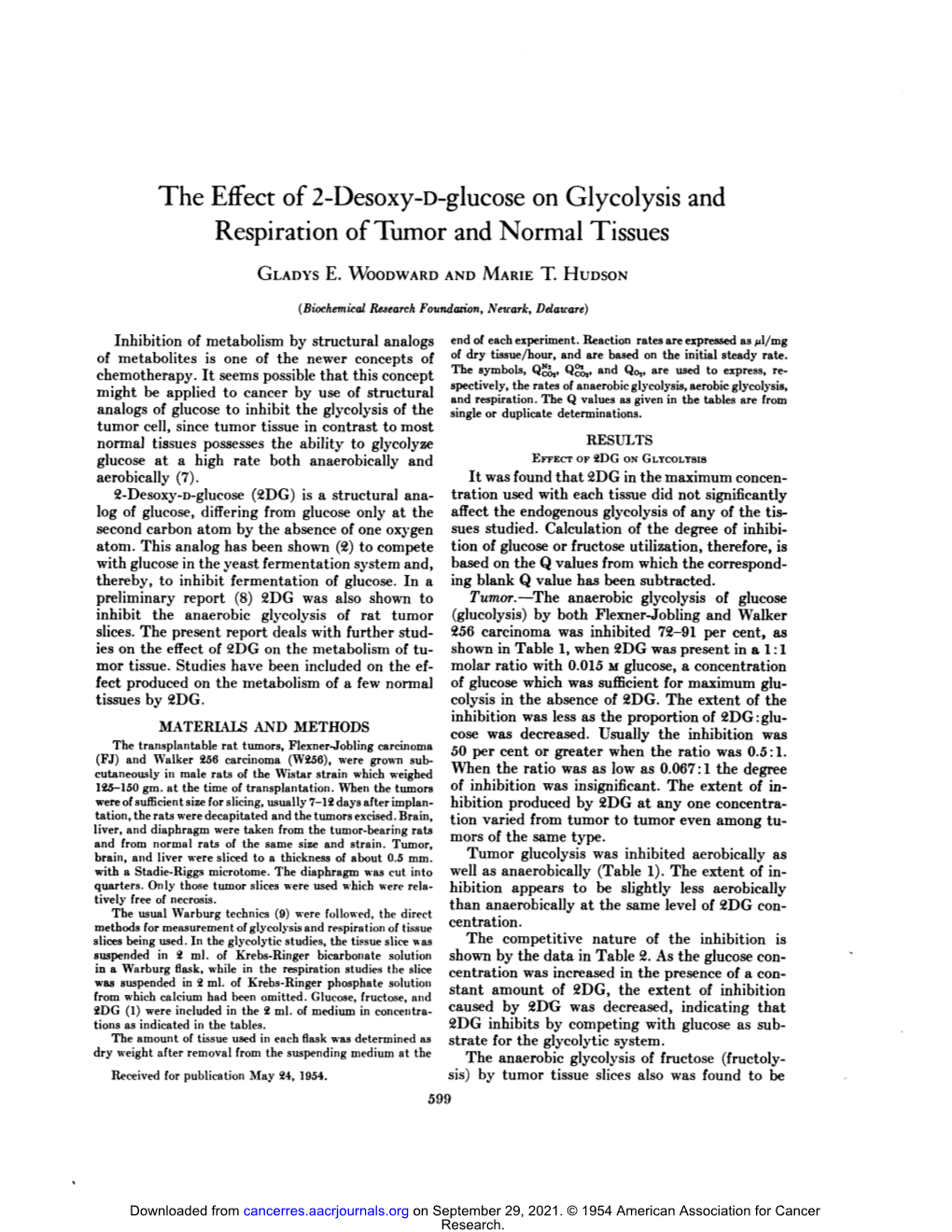 The Effect of 2-Desoxy-D-Glucose on Glycolysis and Respiration of Tumor and Normal Tissues