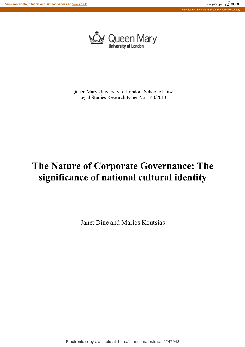 The Nature of Corporate Governance: the Significance of National Cultural Identity