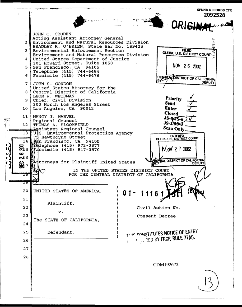 Consent Decree #01-11161 CAS RZ for Reimbursement of Response