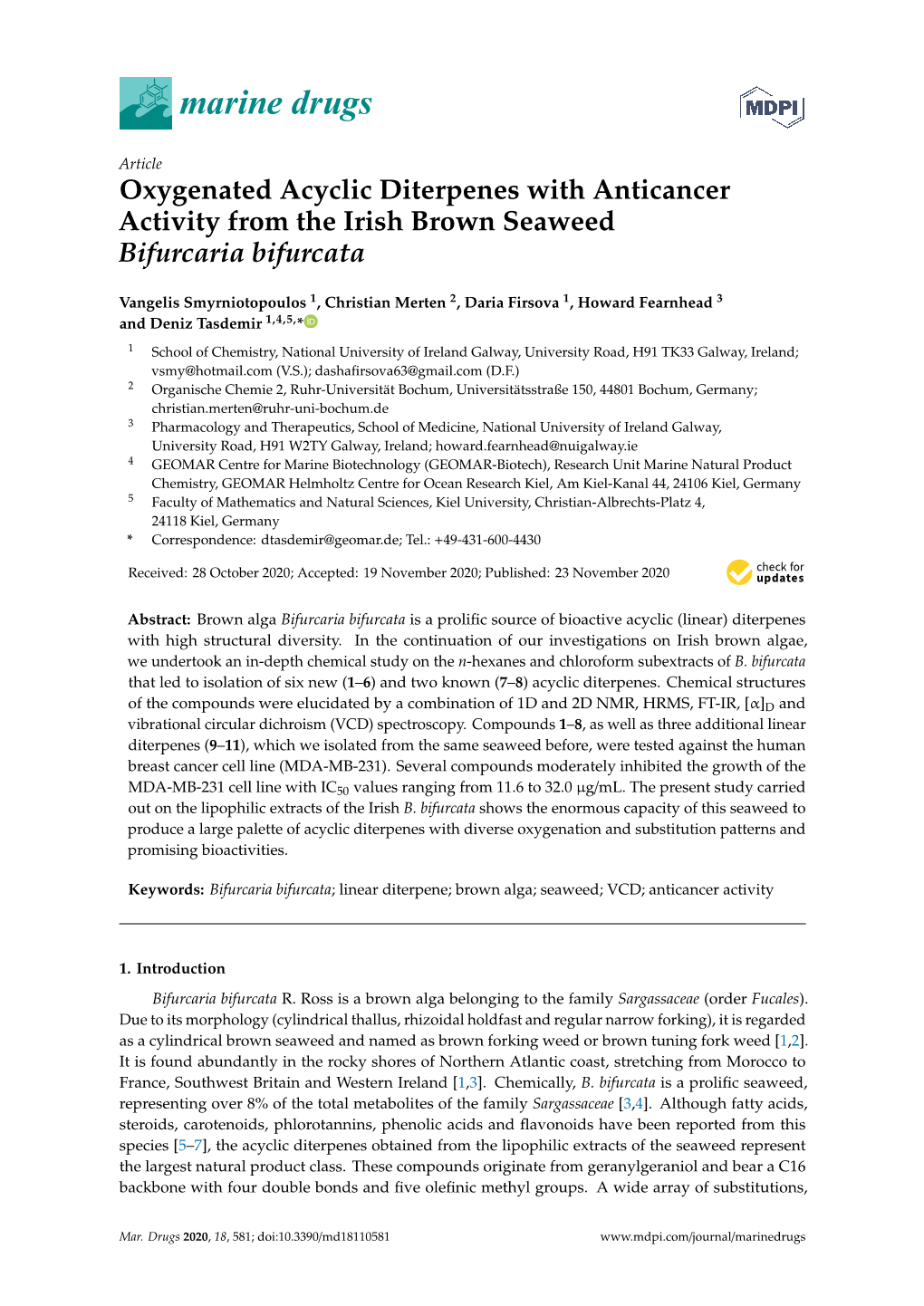 Oxygenated Acyclic Diterpenes with Anticancer Activity from the Irish Brown Seaweed Bifurcaria Bifurcata
