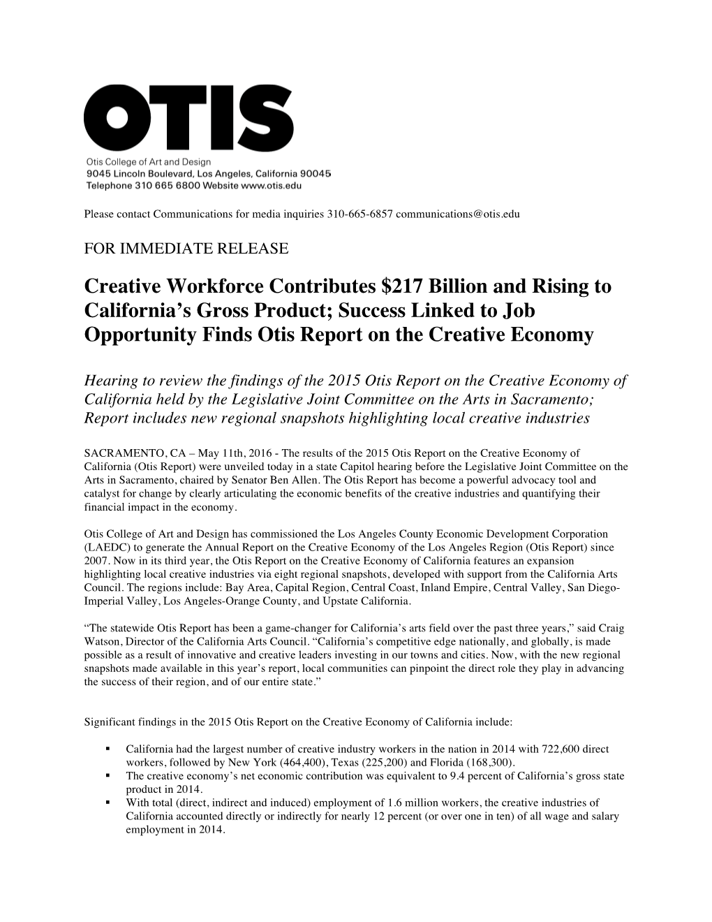 Press Release from Otis College for the California Edition