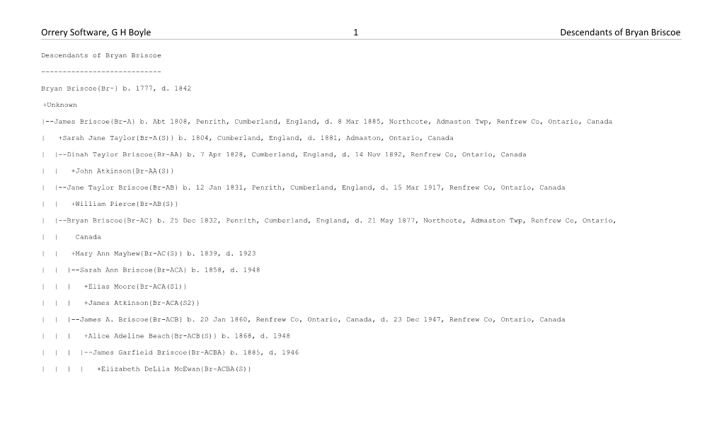 Orrery Software, G H Boyle 1 Descendants of Bryan Briscoe