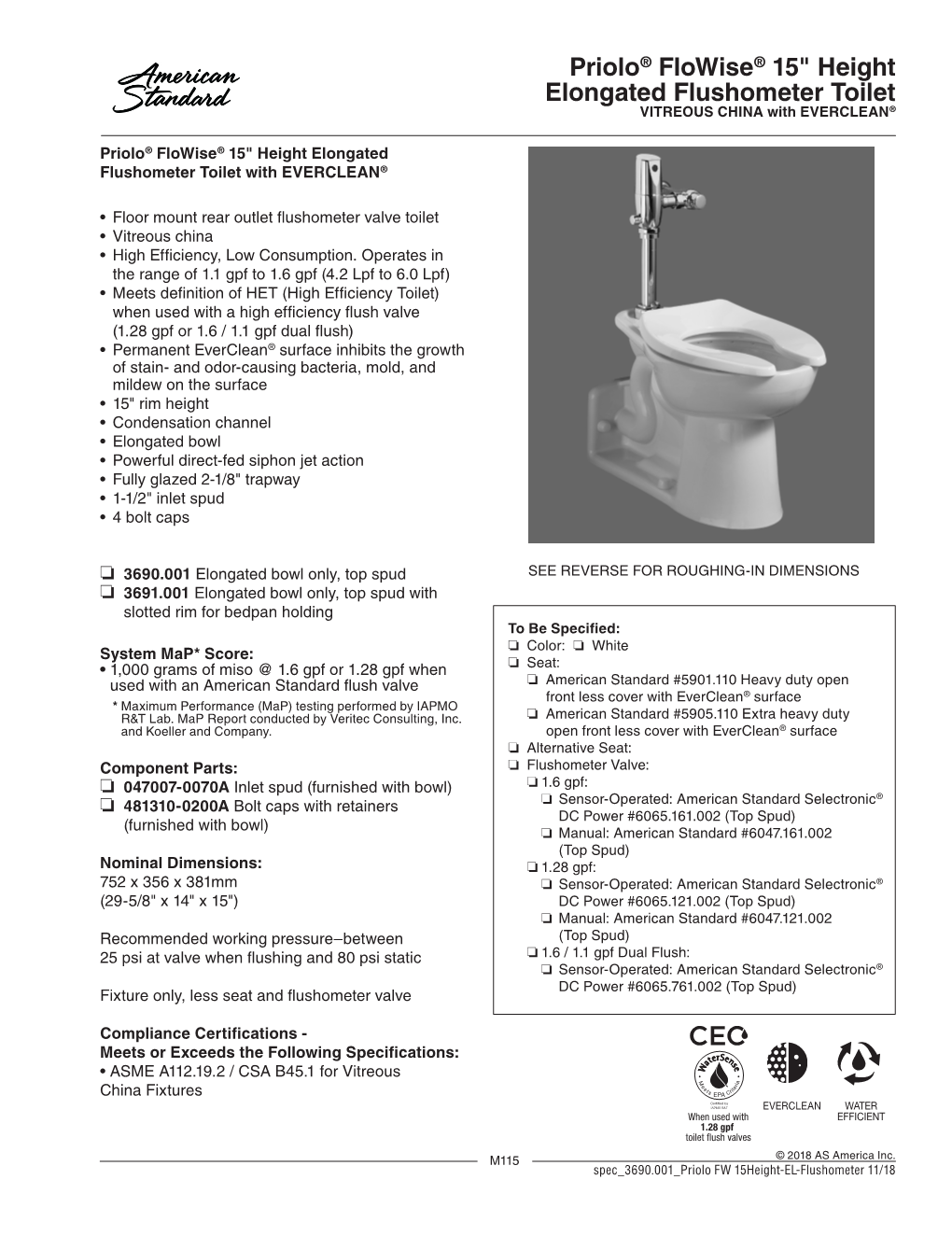 Priolo® Flowise® 15" Height Elongated Flushometer Toilet VITREOUS CHINA with EVERCLEAN®