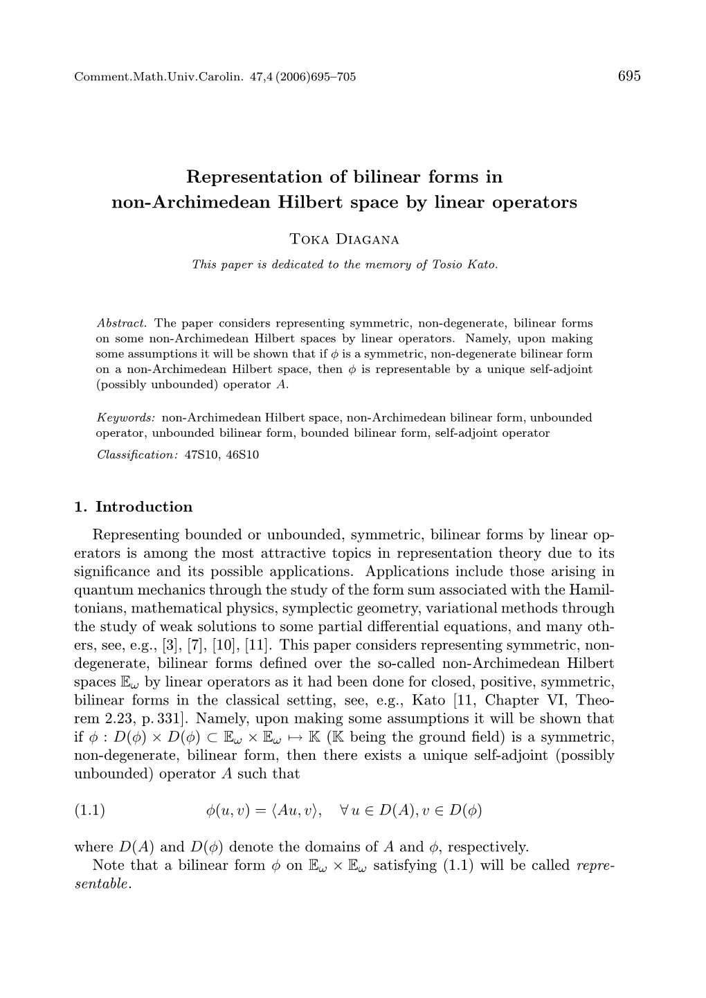 Representation of Bilinear Forms in Non-Archimedean Hilbert Space by Linear Operators