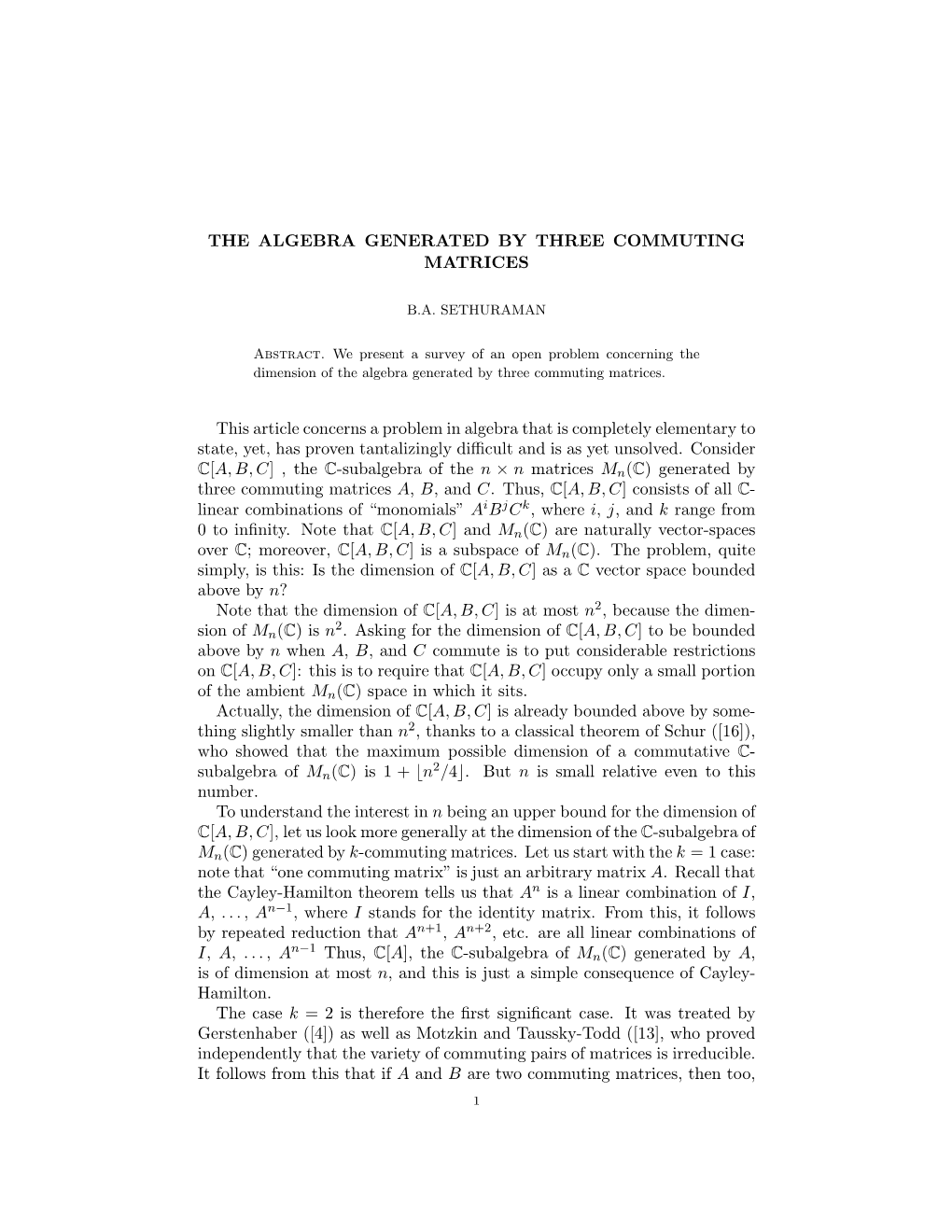 The Algebra Generated by Three Commuting Matrices