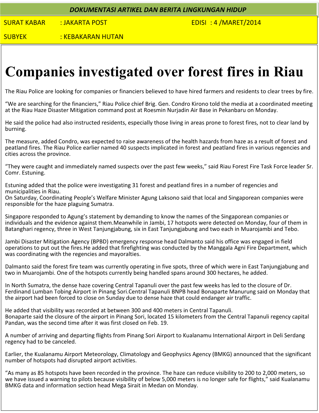 Companies Investigated Over Forest Fires in Riau