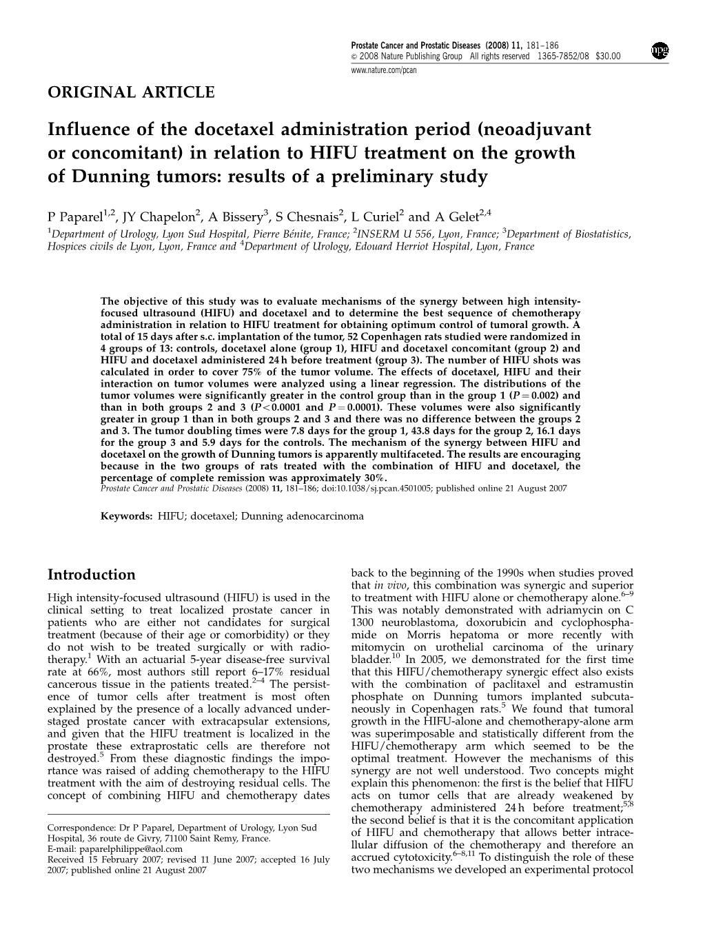 In Relation to HIFU Treatment on the Growth of Dunning Tumors: Results of a Preliminary Study