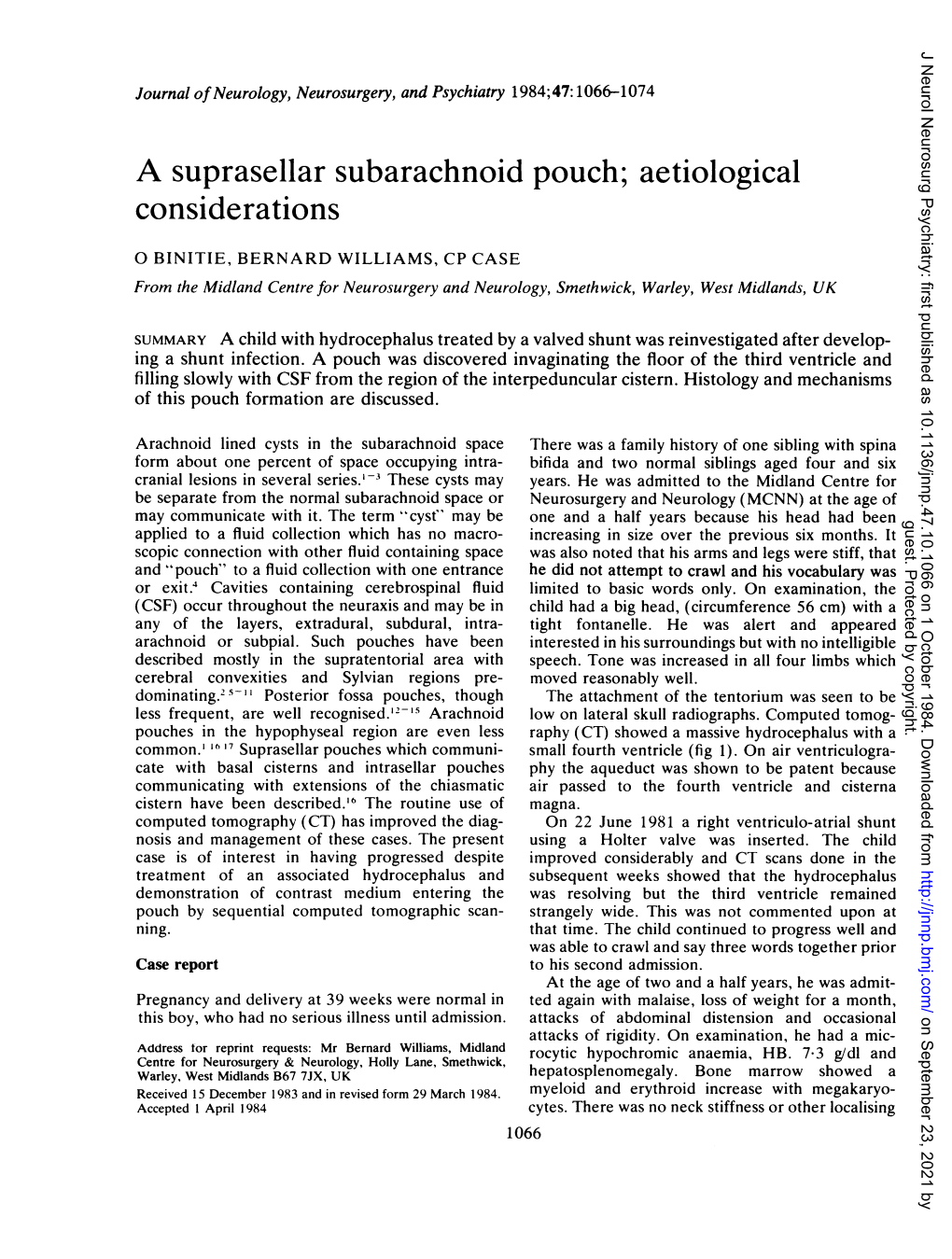 A Suprasellar Subarachnoid Pouch; Aetiological Considerations