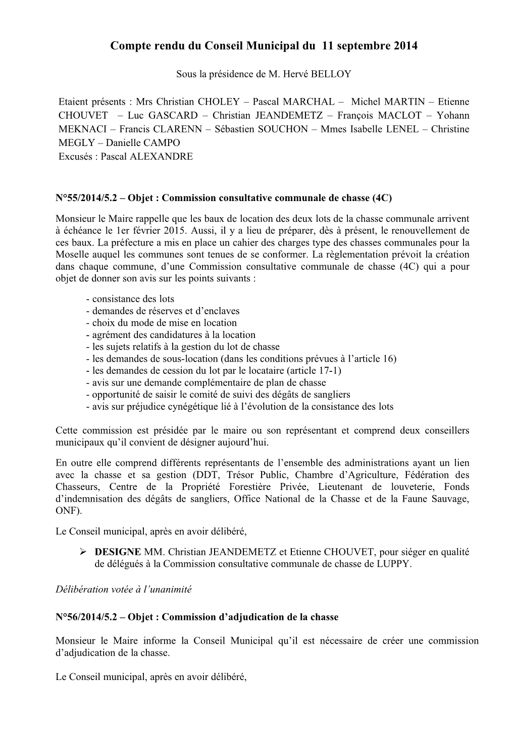 Compte Rendu Du Conseil Municipal Du 11 Septembre 2014