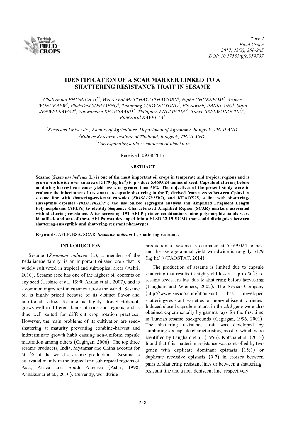 Identification of a Scar Marker Linked to a Shattering Resistance Trait in Sesame